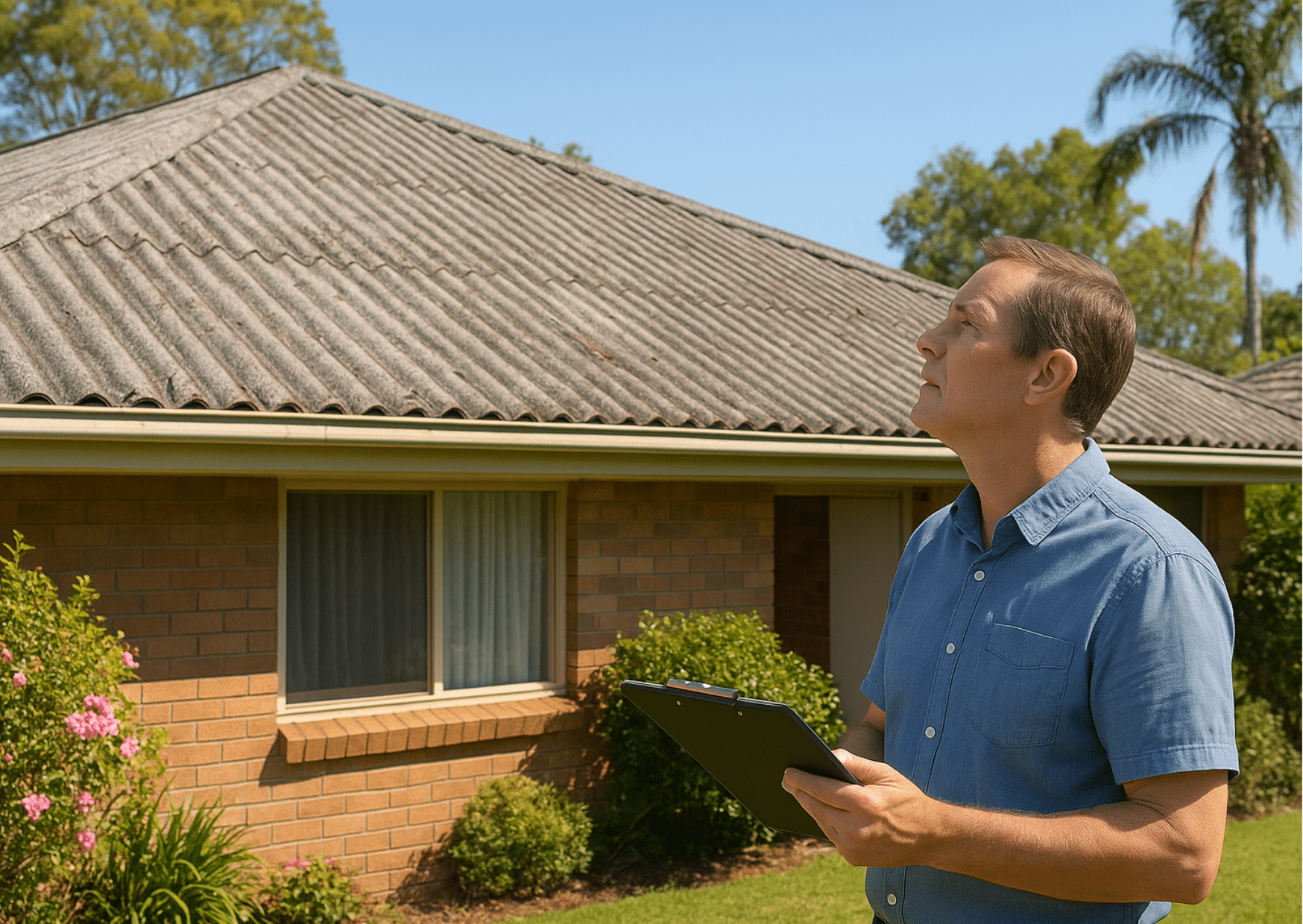 Spring Roofing Checklist: Is It Time to Replace or Restore Your Asbestos Roof? 5 Brisbane homeowner in a lush yard using binoculars to safely inspect their old corrugated roof on a bright spring morning, emphasizing seasonal maintenance.