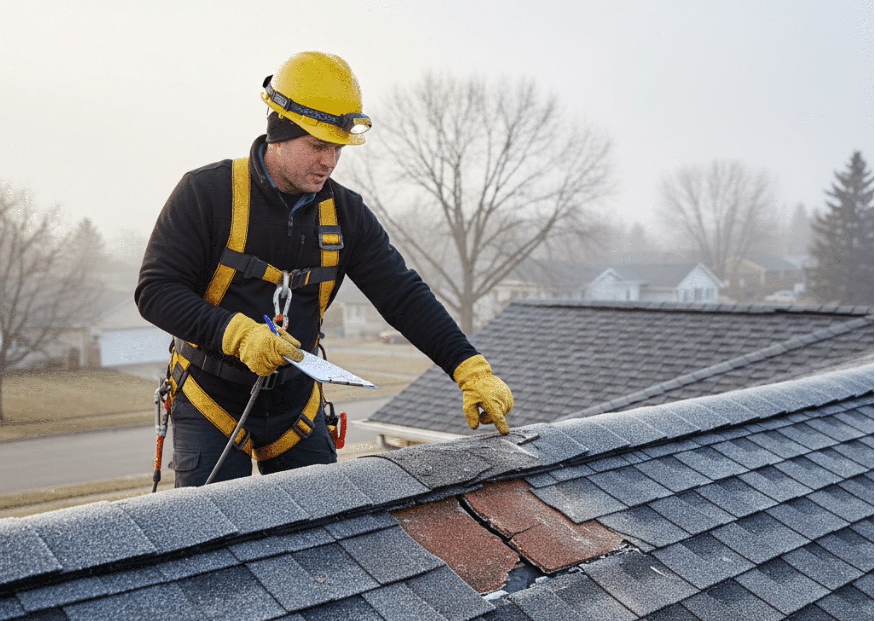 Winter Is the Best Time for Roof Inspections: How to Spot Asbestos Damage Early 9 Professional inspector on a suburban roof in winter, examining a clipboard and pointing at a damaged, frost-covered asbestos cement sheet.