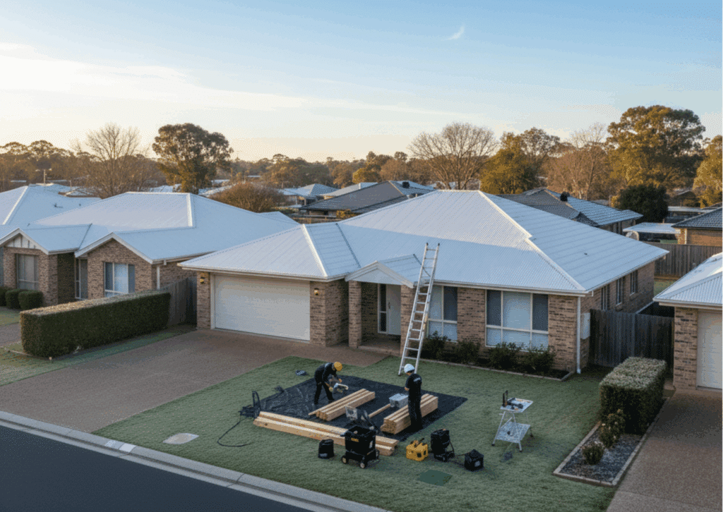 Roofing crew preparing for work in a Brisbane suburb on a bright, dry winter morning, highlighting ideal calm weather for roof installation.