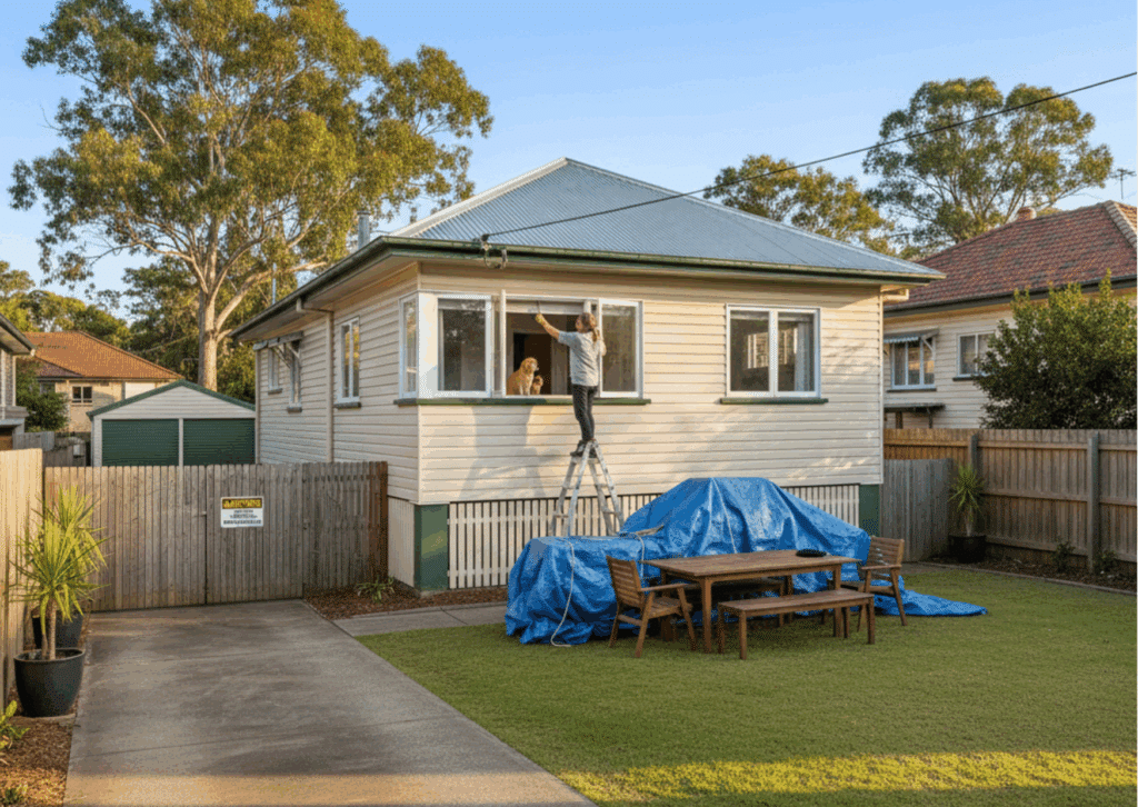 Homeowner securing their property (closing windows, clearing yard) on a sunny Brisbane afternoon in preparation for professional asbestos roof removal.