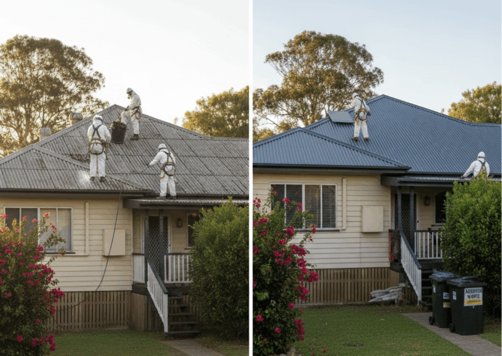 Split-scene image comparing two Brisbane homes: one undergoing asbestos roof restoration (sealing) and the adjacent one undergoing full new metal roof replacement.