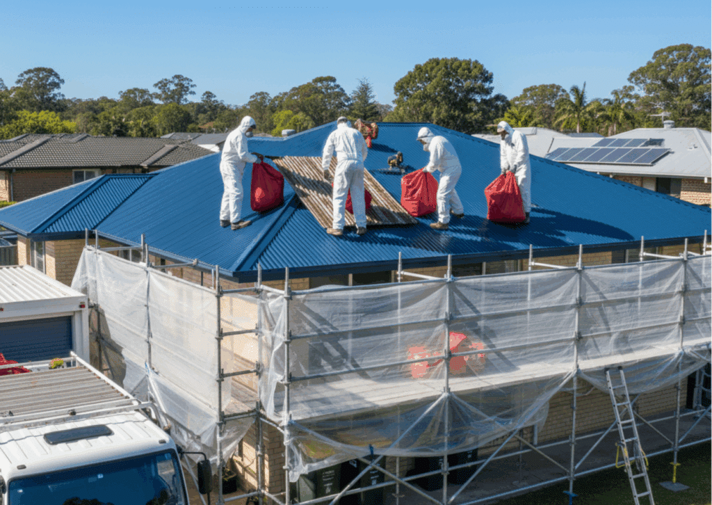 Licensed team in full protective gear replacing an asbestos roof with new metal sheets on a Brisbane home, showing safe and efficient work before storm season.