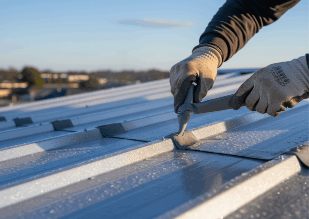 Close-up of a worker in gloves precisely sealing new metal roof joints in clean, cold, dry weather, emphasizing controlled installation and craftsmanship.