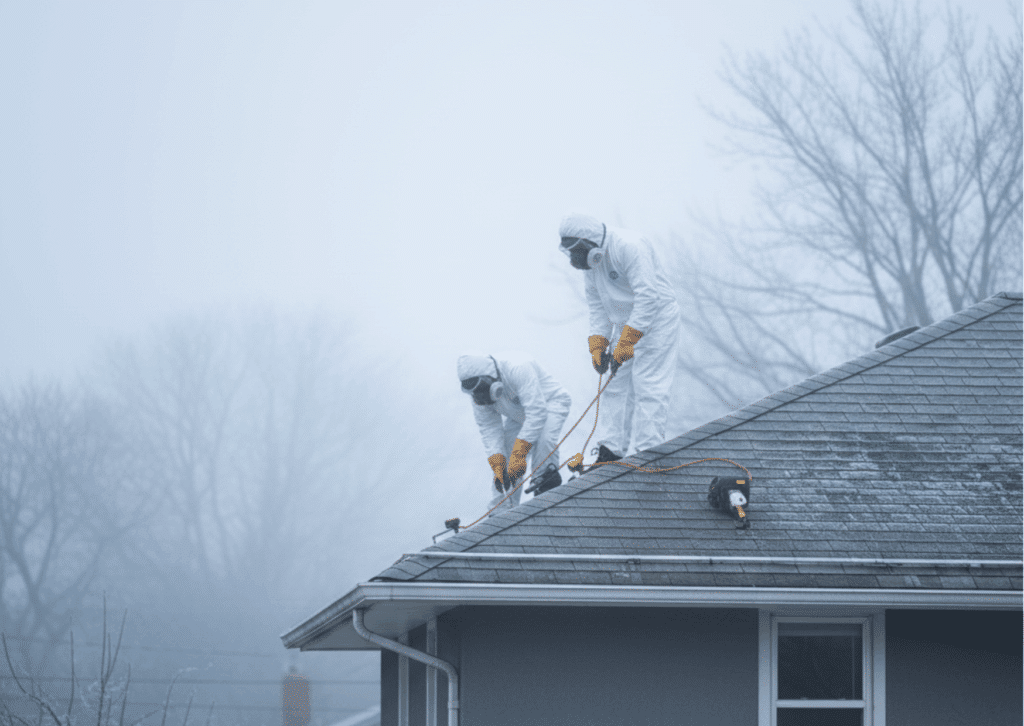 Winter Is the Best Time for Roof Inspections: How to Spot Asbestos Damage Early 4 Licensed professionals wearing respirators and full safety gear inspecting an asbestos roof with specialized tools during a light winter fog.