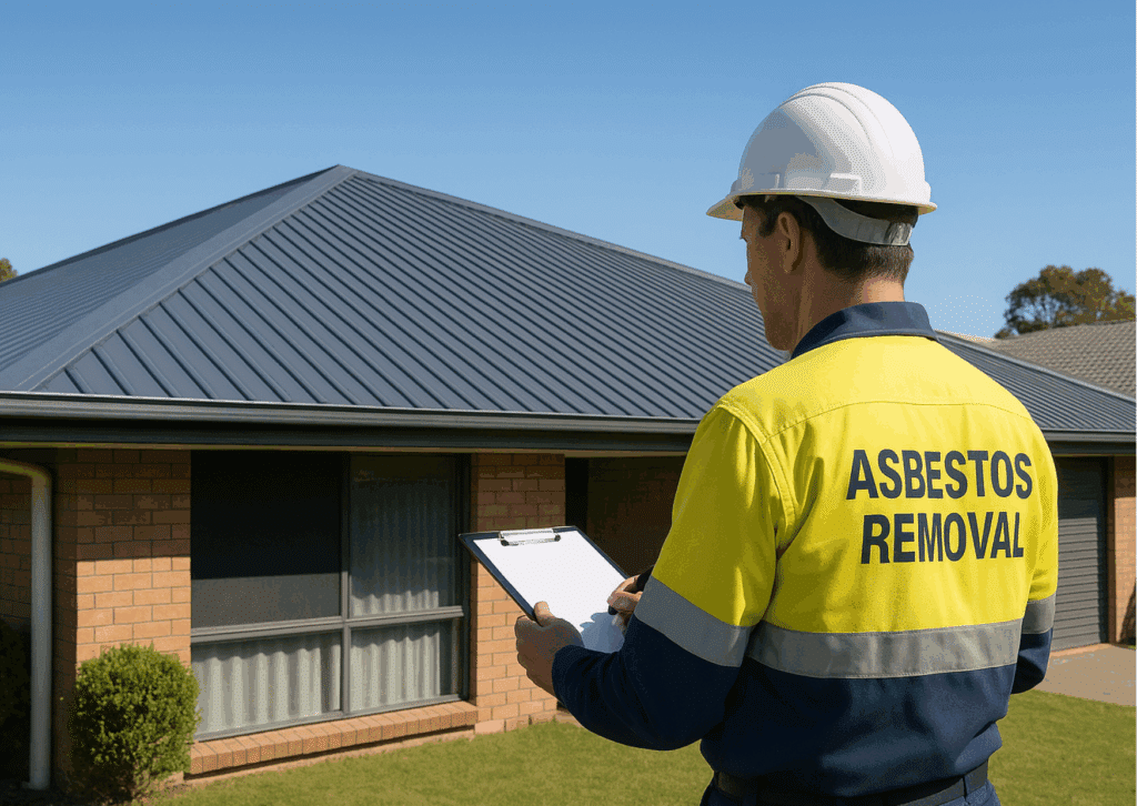 Newly installed, sleek metal roof on a Brisbane home, with a professional conducting final safety and clearance checks after asbestos removal.