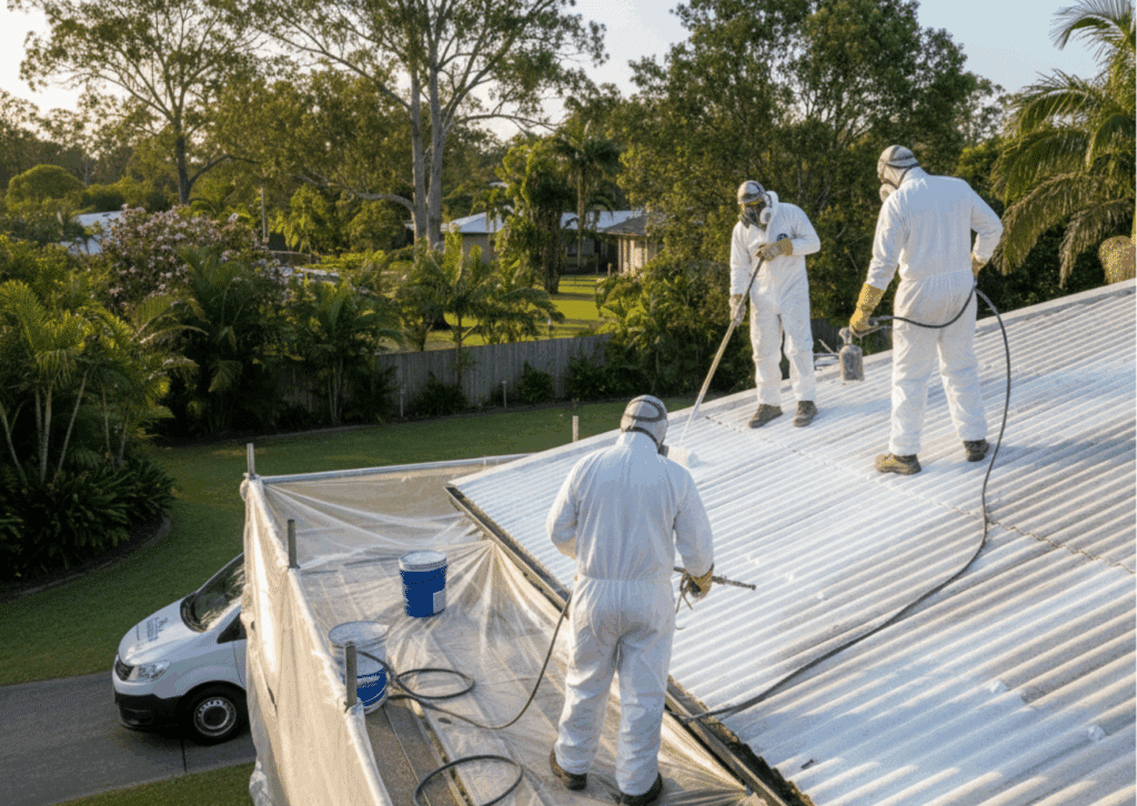 Licensed roofing specialists in full safety gear applying sealant to an asbestos roof under clear Brisbane spring skies, showing safe restoration in progress.