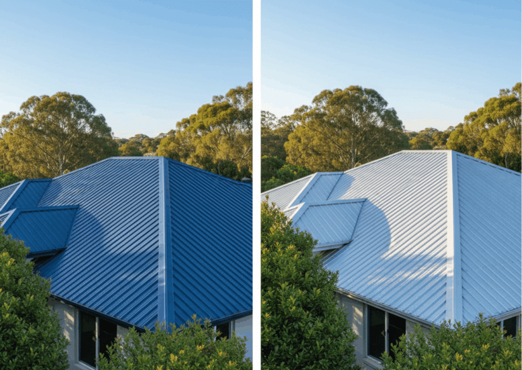 Metal Roofing After Asbestos Removal: The Smart Upgrade for Spring Renovations 4 Side-by-side comparison of two Brisbane homes, one with a vibrant Colorbond roof and the other with a sleek Zincalume roof, highlighting premium materials.