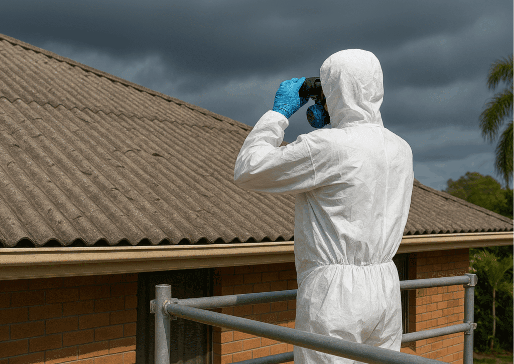 Licensed asbestos roof inspector in full safety gear, using binoculars from a safe platform to inspect an old roof before storm season in Brisbane.