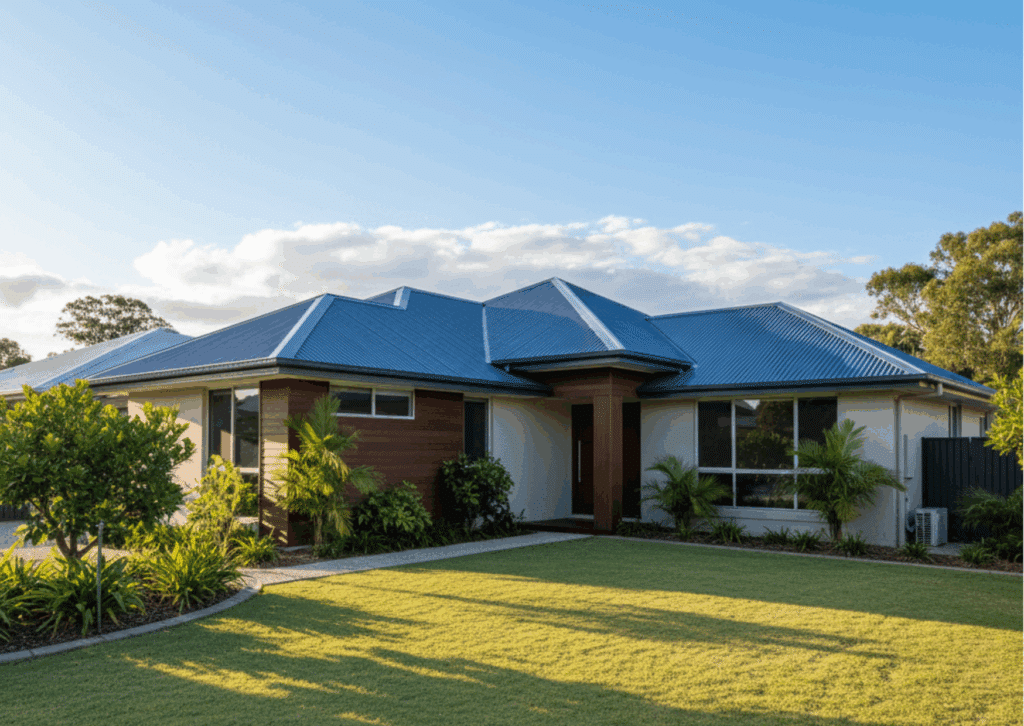 A modern Brisbane home with a new, shining Colorbond metal roof under a bright blue sky, symbolizing safety and resilience before summer storms.