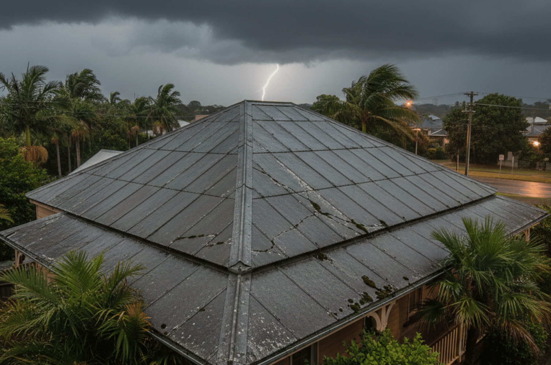 Older Brisbane home with a worn grey asbestos cement sheet roof under dark storm clouds after summer rain.