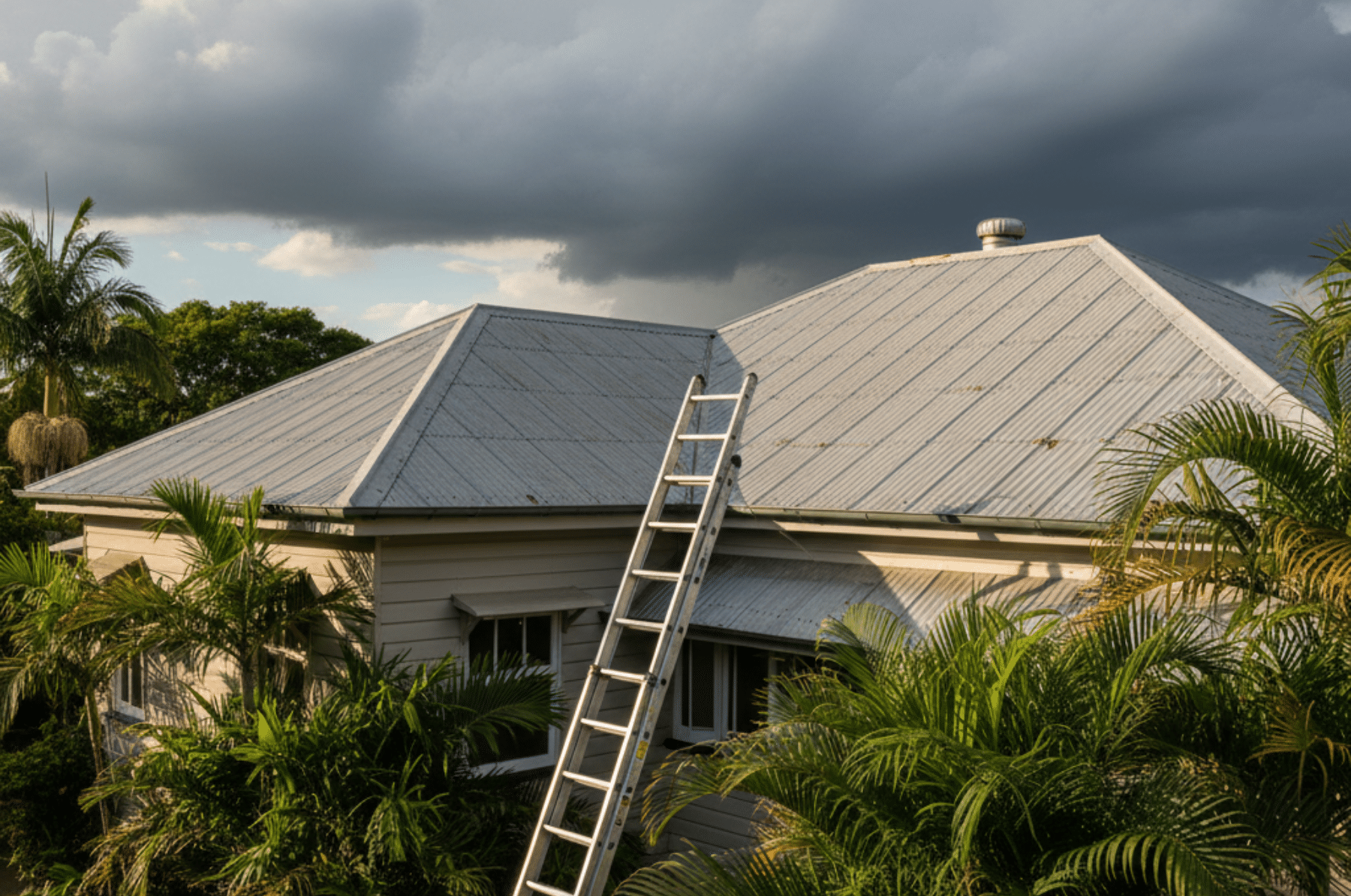 Ladder leaning against an older Brisbane home with a weathered grey asbestos cement roof on a hot day with storm clouds building.